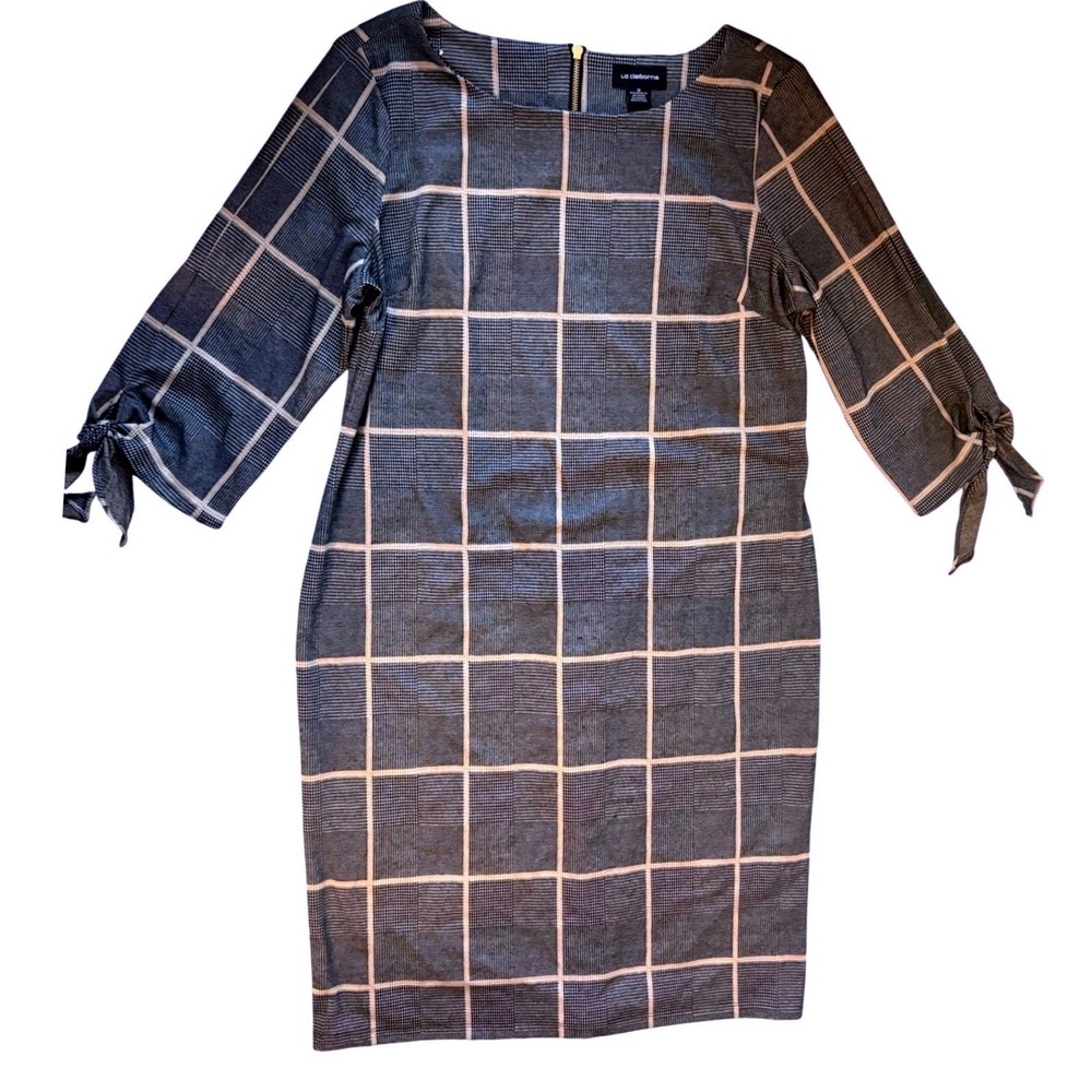 Liz Claiborne Womens Grey Plaid Sheath Dress Tie Sleeve Windowpane Size 16